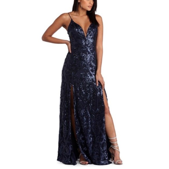 Windsor Navy Sequin Gown with Slits - Picture 2 of 13